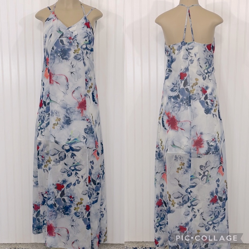 Lavand. Flowy Floral Sheer Maxi Dress With Mini Lining Slits in Front Medium
